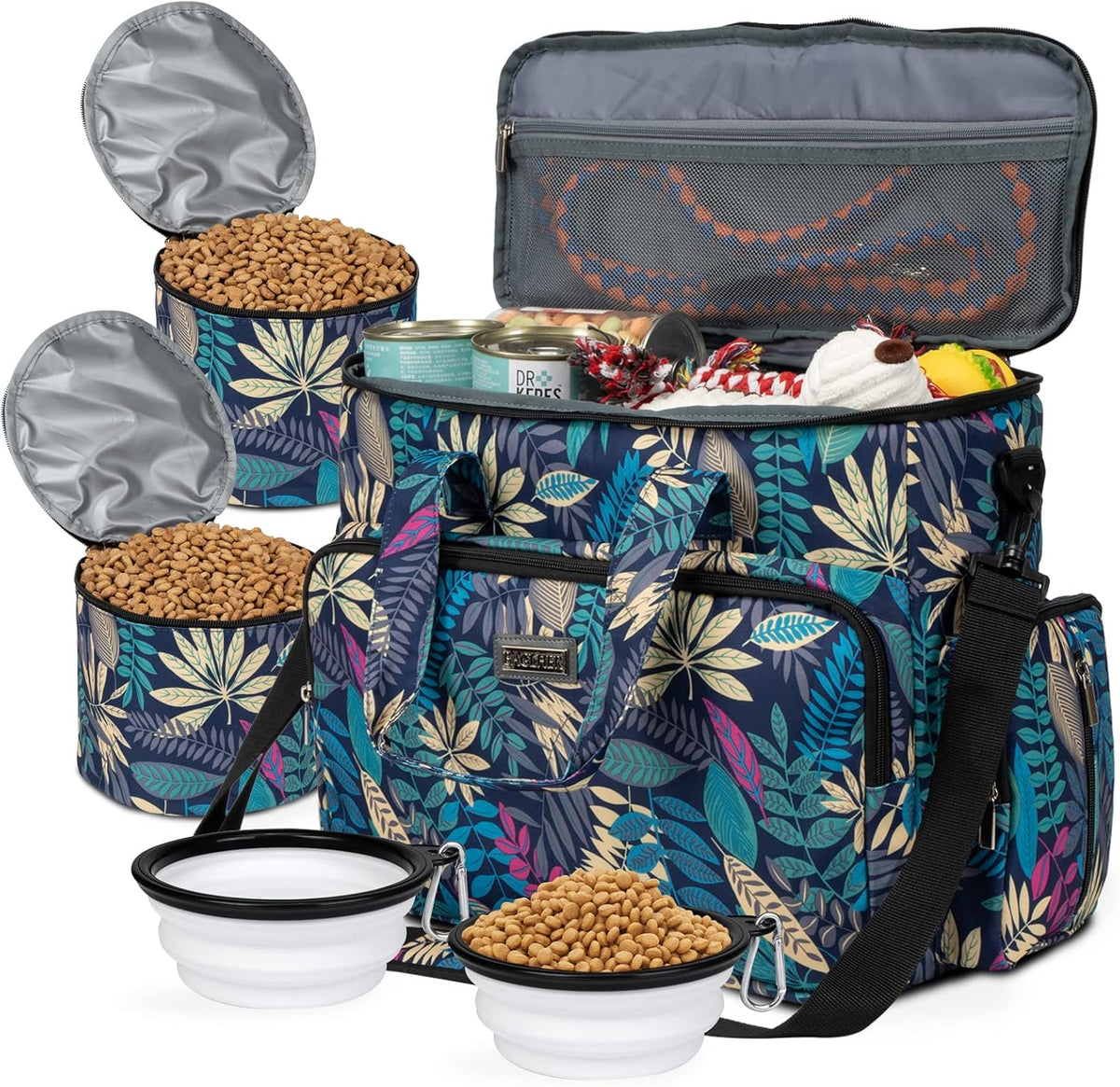 BAGLHER Dog Travel Bag, Airline Approved Pet Tote Organizer with Multi-Function Pockets, 2 X Food Storage Containers and 2 X Collapsible Bowls, Perfect Weekend Pet Travel Set for Dog, Cat Black
