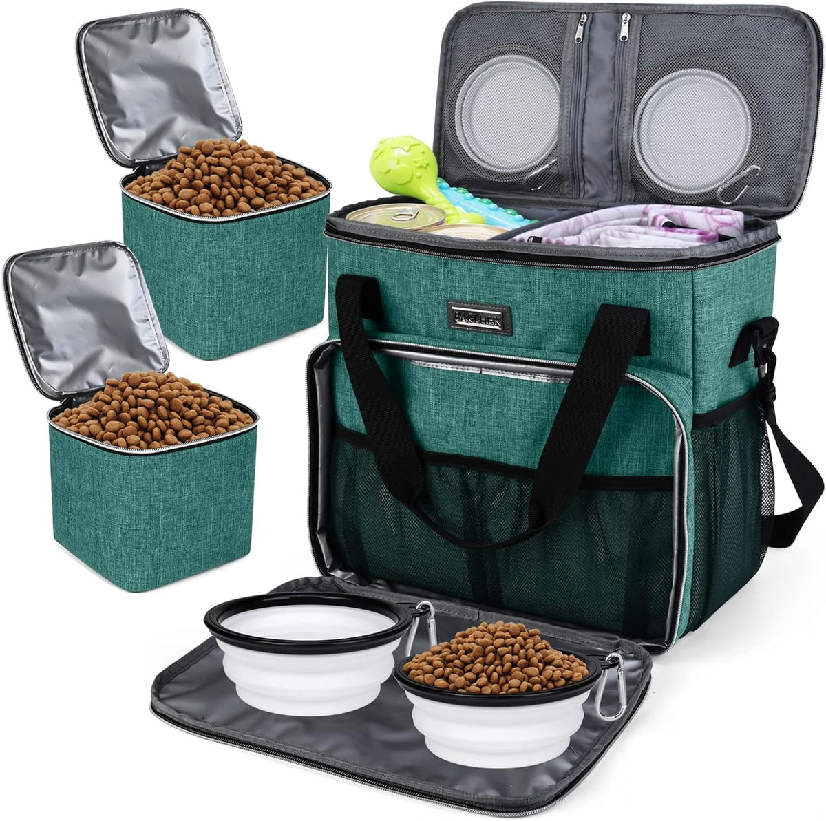 BAGLHER Dog Travel Bag, Airline Approved Pet Tote Organizer with Multi-Function Pockets, 2 X Food Storage Containers and 2 X Collapsible Bowls, Perfect Weekend Pet Travel Set for Dog, Cat Black