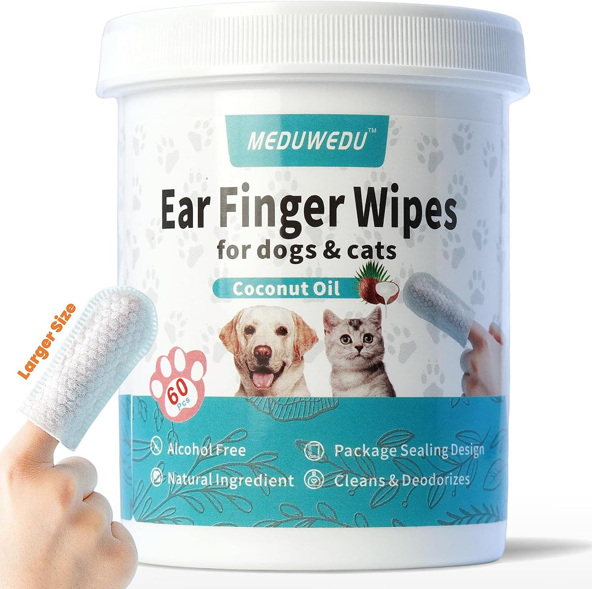 MEDUWEDU Ear Cleaner Finger Wipes 60 Counts, Dog Ear Cleaner, Grooming Kit Care for Dogs and Cats, Soft & Easy Otic Cleaning Pads, Remove Wax, Dirt & Stop Smelly, Itchy, Non-Irritating, Coconut Scent