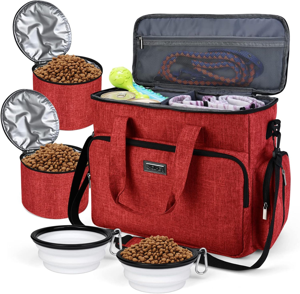 BAGLHER Dog Travel Bag, Airline Approved Pet Tote Organizer with Multi-Function Pockets, 2 X Food Storage Containers and 2 X Collapsible Bowls, Perfect Weekend Pet Travel Set for Dog, Cat Black