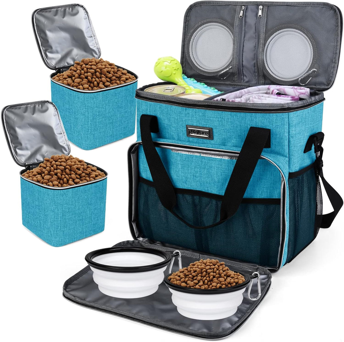 BAGLHER Dog Travel Bag, Airline Approved Pet Tote Organizer with Multi-Function Pockets, 2 X Food Storage Containers and 2 X Collapsible Bowls, Perfect Weekend Pet Travel Set for Dog, Cat Black