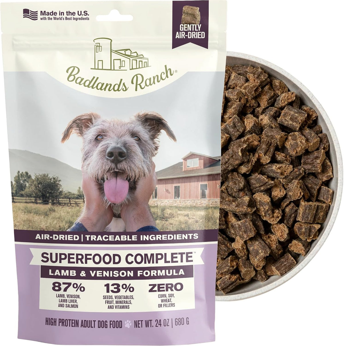 BADLANDS RANCH Air-Dried Fish & Turkey Dog Food, 87% Meat, 24 oz