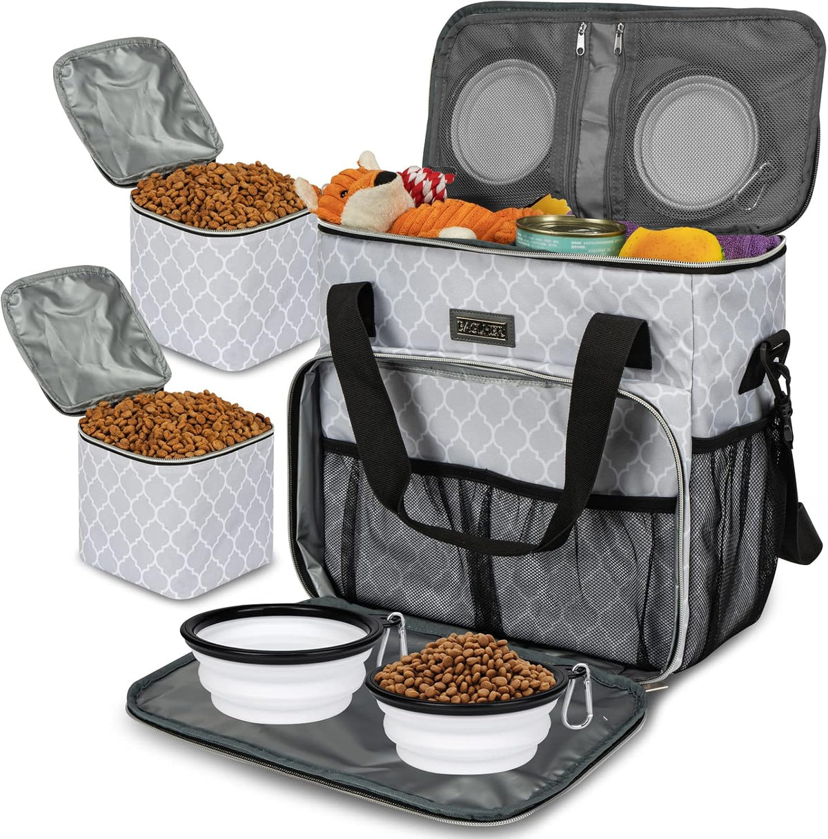 BAGLHER Dog Travel Bag, Airline Approved Pet Tote Organizer with Multi-Function Pockets, 2 X Food Storage Containers and 2 X Collapsible Bowls, Perfect Weekend Pet Travel Set for Dog, Cat Black