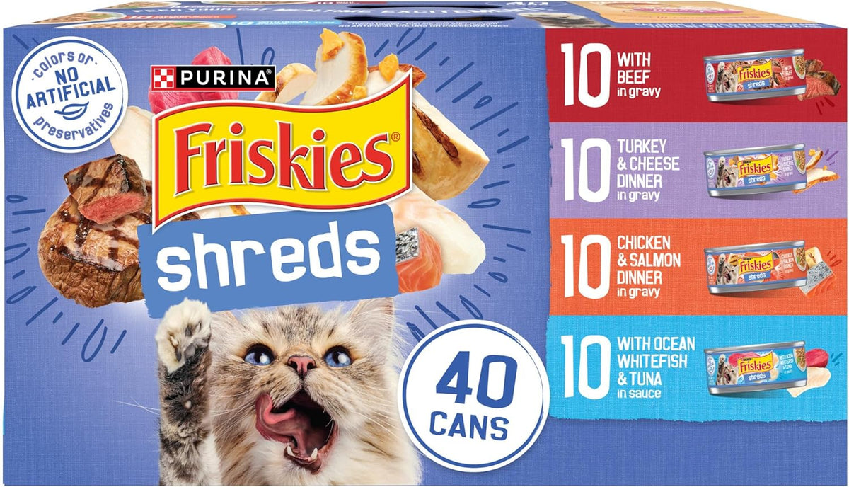 Friskies Purina Wet Cat Food Variety Pack, Shreds with Beef, Turkey & Cheese Dinner, Chicken & Salmon Dinner, and with Ocean Whitefish and Tuna - 5.5 oz. Cans (Pack of 80)