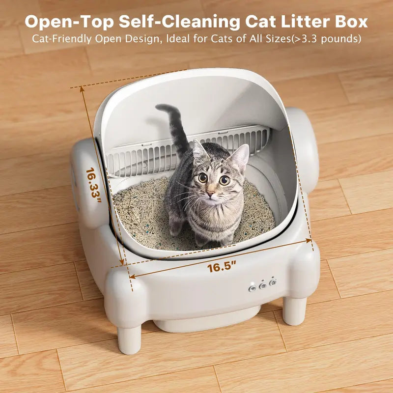 TAYACICY Open Top Automatic Litter Box - Self-Cleaning, App-Controlled (2.4G WiFi Only) for Multiple Cats with Safety Sensors, Odor Control, 2 Liner Rolls, Large Waste Bin, Cream White,back to school