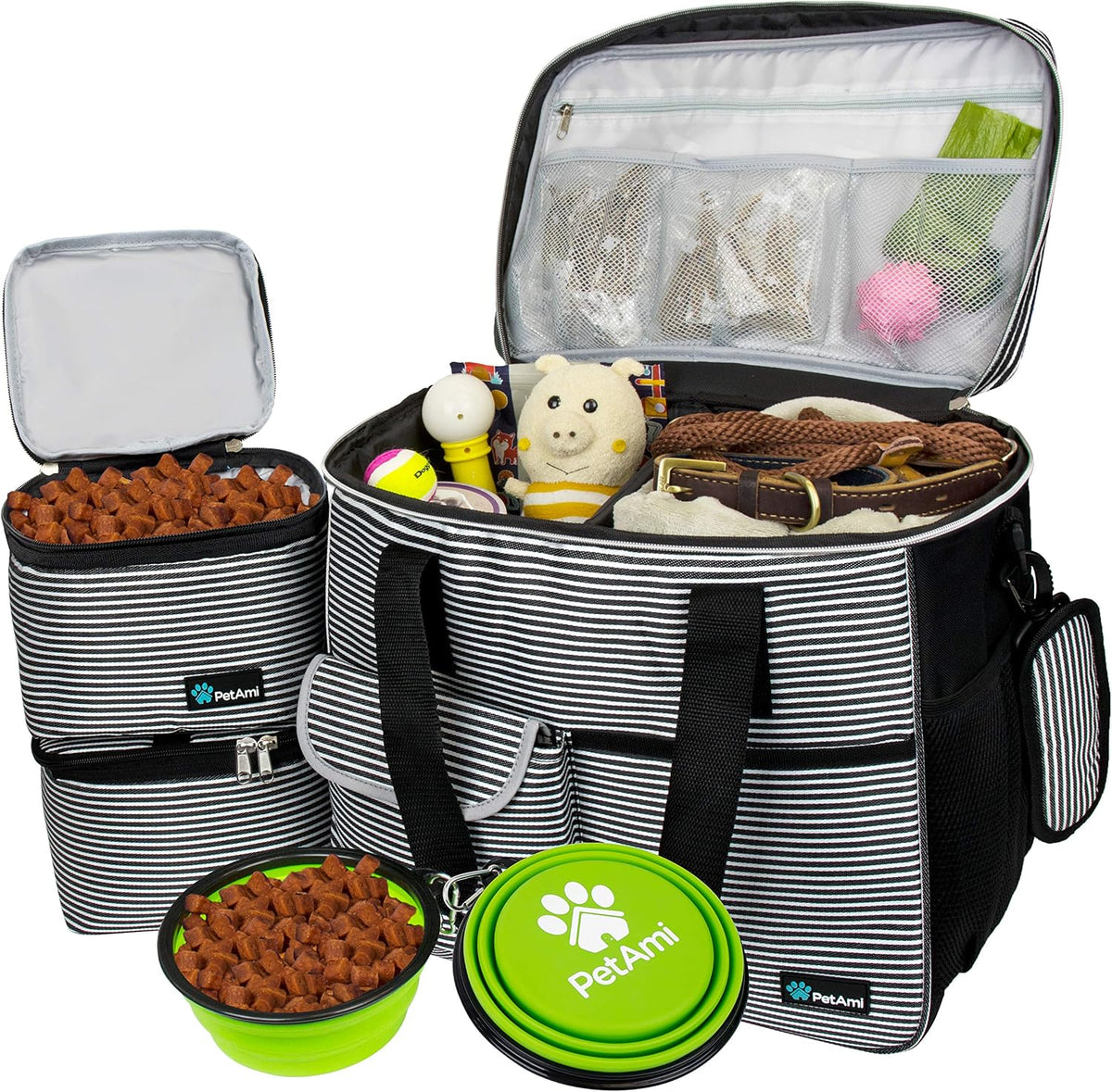 PetAmi Dog Travel Bag Organizer, Pet Supplies Tote, Stripe Black Medium