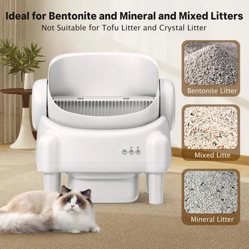 TAYACICY Open Top Automatic Litter Box - Self-Cleaning, App-Controlled (2.4G WiFi Only) for Multiple Cats with Safety Sensors, Odor Control, 2 Liner Rolls, Large Waste Bin, Cream White,back to school